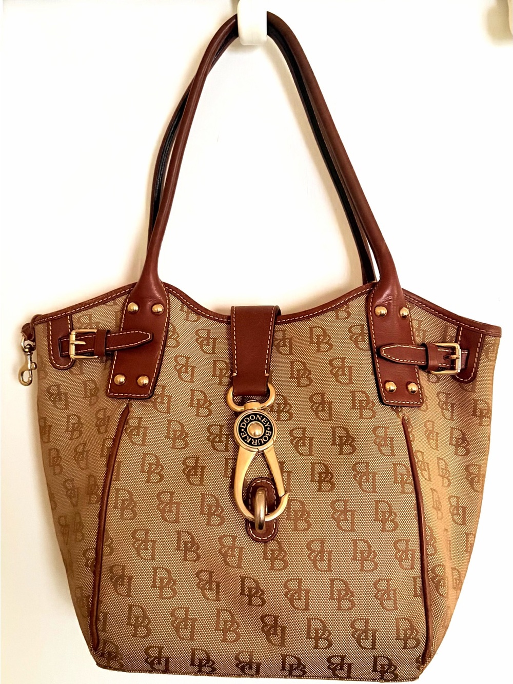 Dooney & Bourke Brown Tan Signature Tote with Gold Hardware